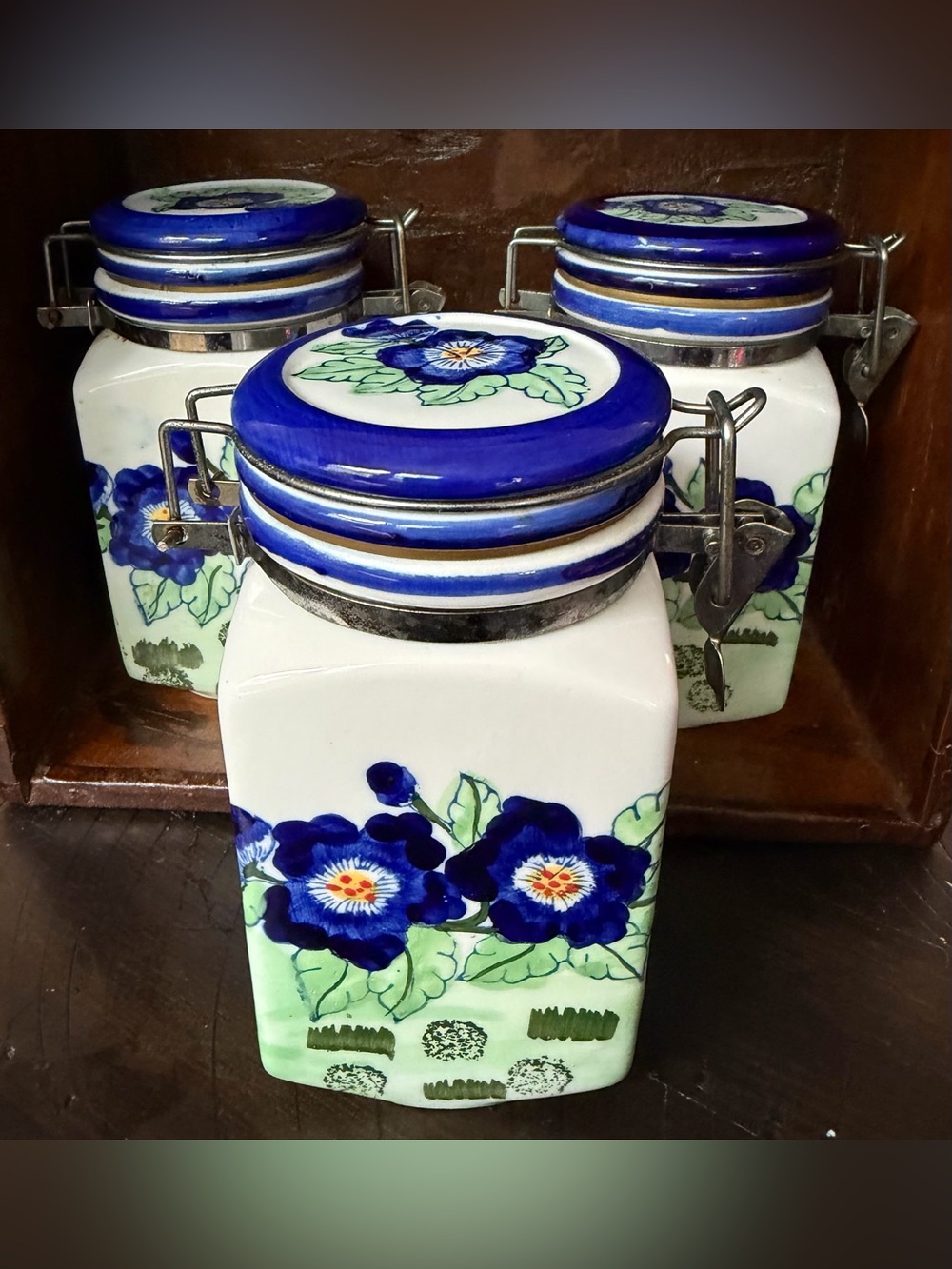 Vintage Hand Painted Blue and white Floral Ceramic Canisters set of 3
